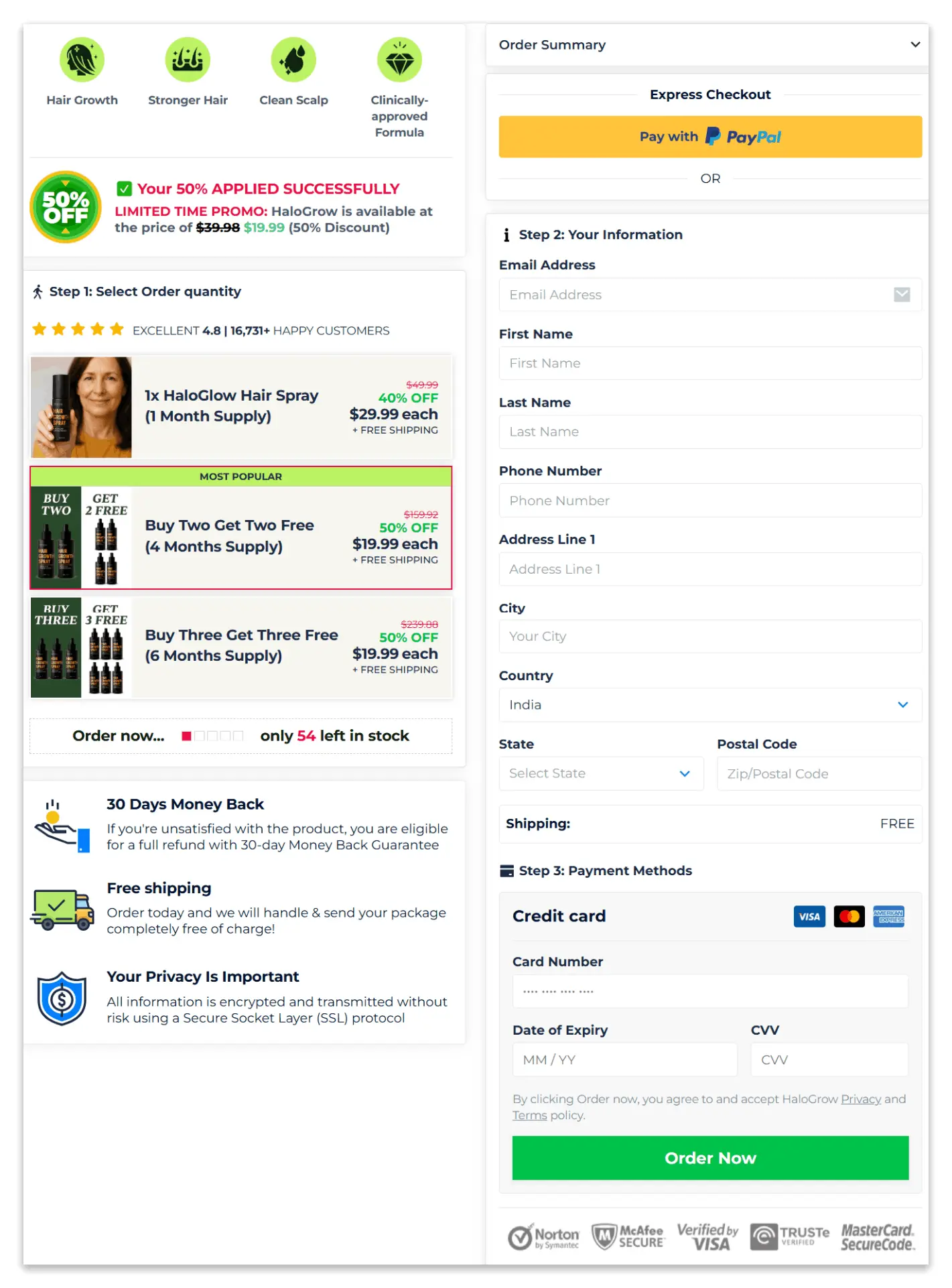 HaloGrow Hairspray Secure Checkout Page